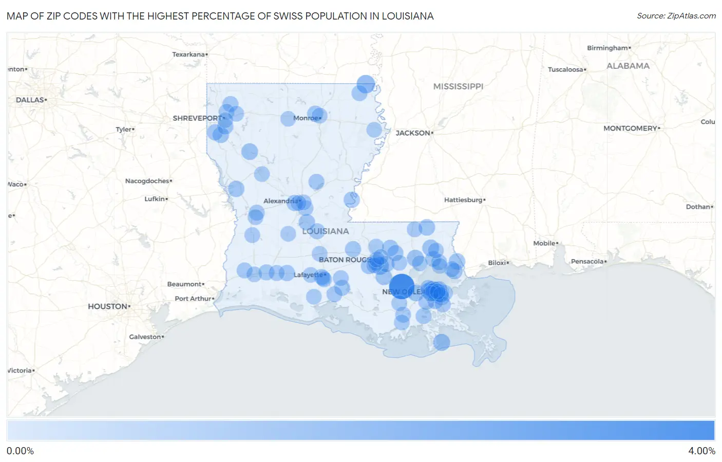 Zip Codes with the Highest Percentage of Swiss Population in Louisiana Map