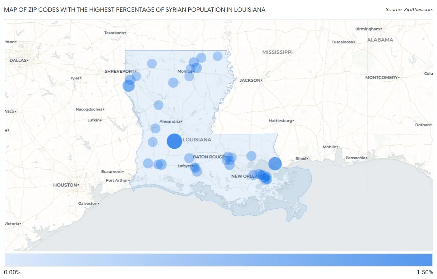 Zip Codes with the Highest Percentage of Syrian Population in Louisiana Map