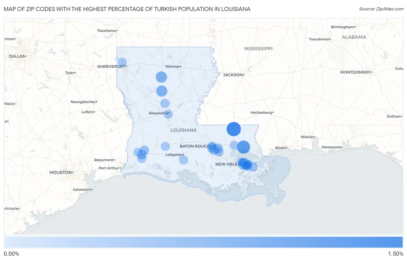 Zip Codes with the Highest Percentage of Turkish Population in Louisiana Map