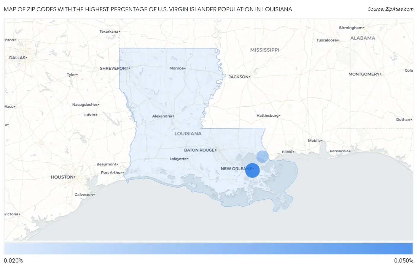 Zip Codes with the Highest Percentage of U.S. Virgin Islander Population in Louisiana Map