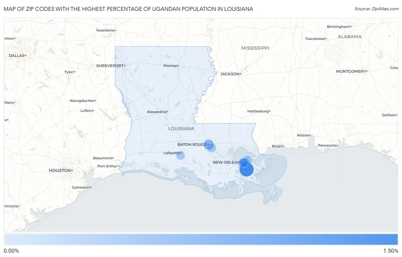 Zip Codes with the Highest Percentage of Ugandan Population in Louisiana Map