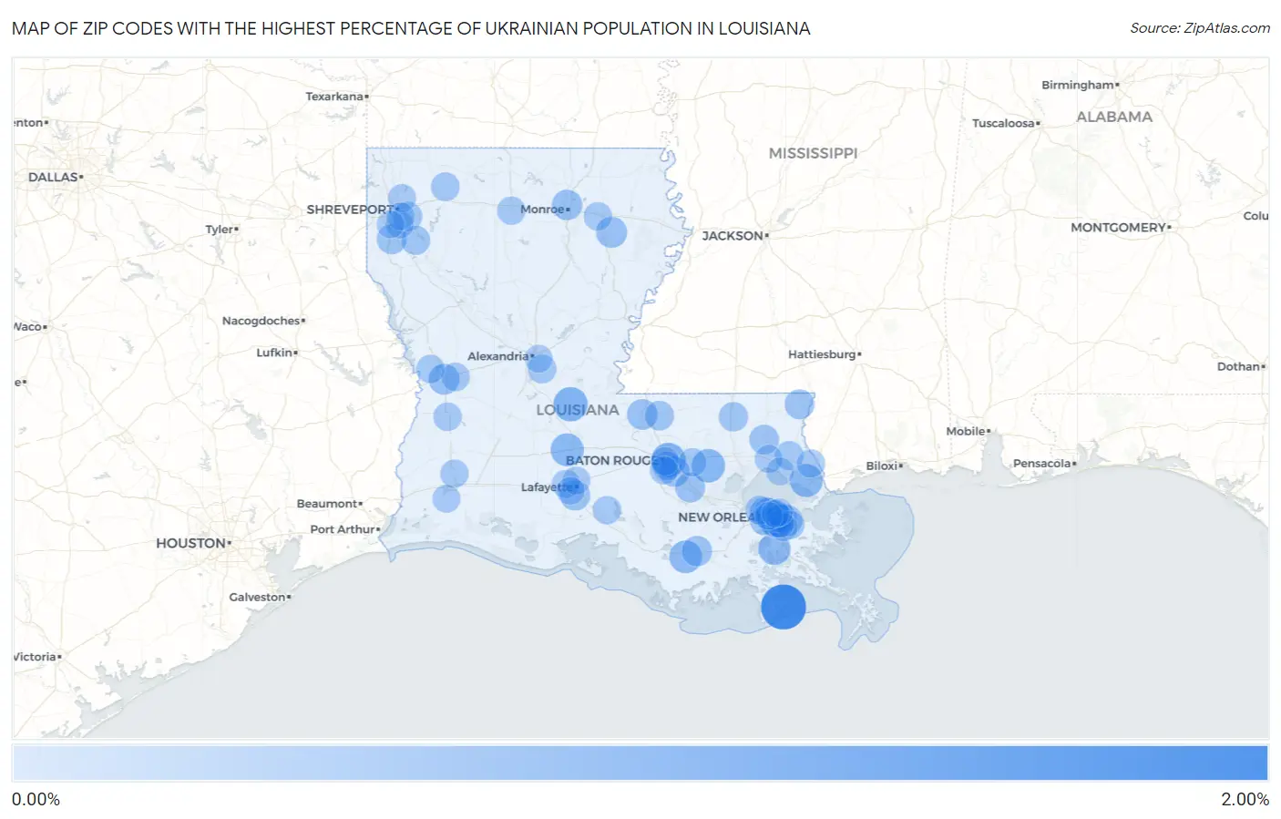 Zip Codes with the Highest Percentage of Ukrainian Population in Louisiana Map