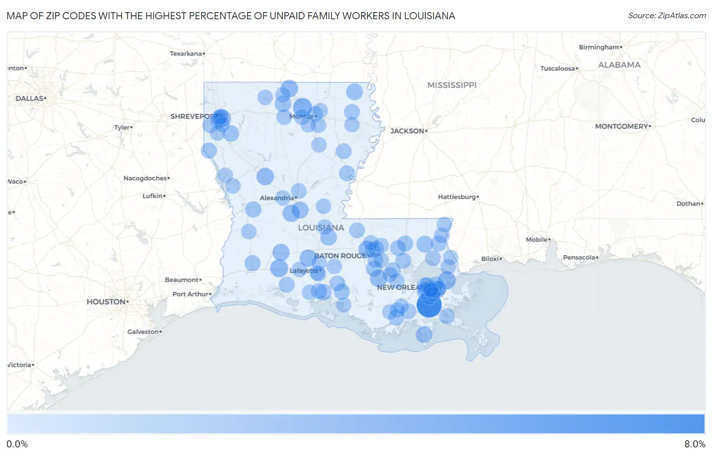 Zip Codes with the Highest Percentage of Unpaid Family Workers in Louisiana Map