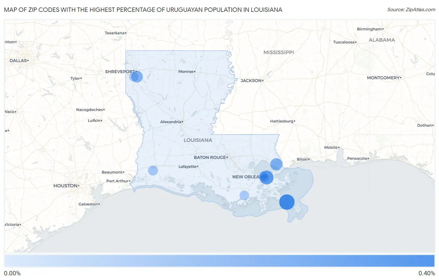Zip Codes with the Highest Percentage of Uruguayan Population in Louisiana Map