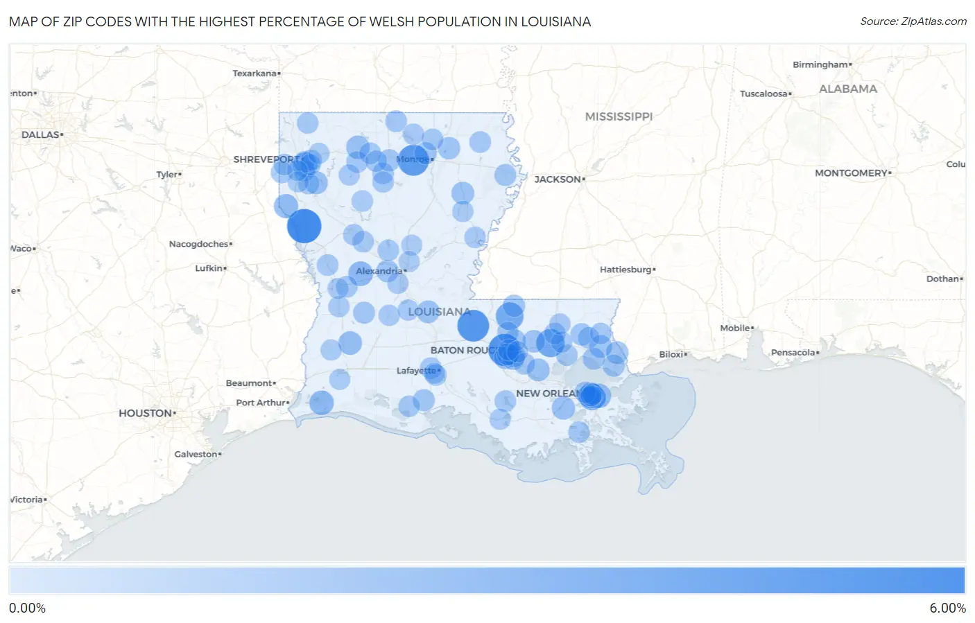 Zip Codes with the Highest Percentage of Welsh Population in Louisiana Map