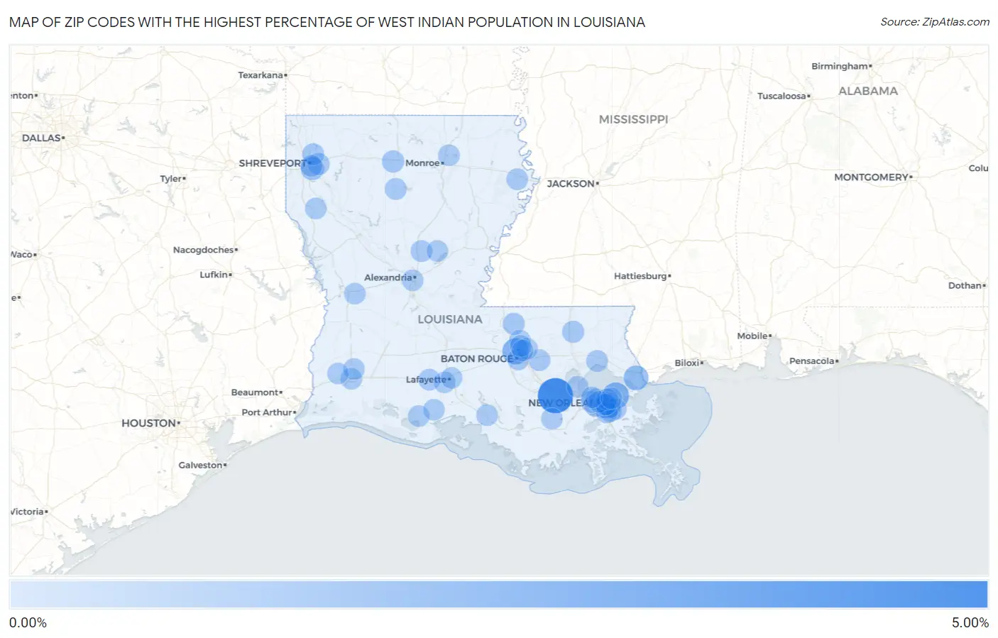 Zip Codes with the Highest Percentage of West Indian Population in Louisiana Map