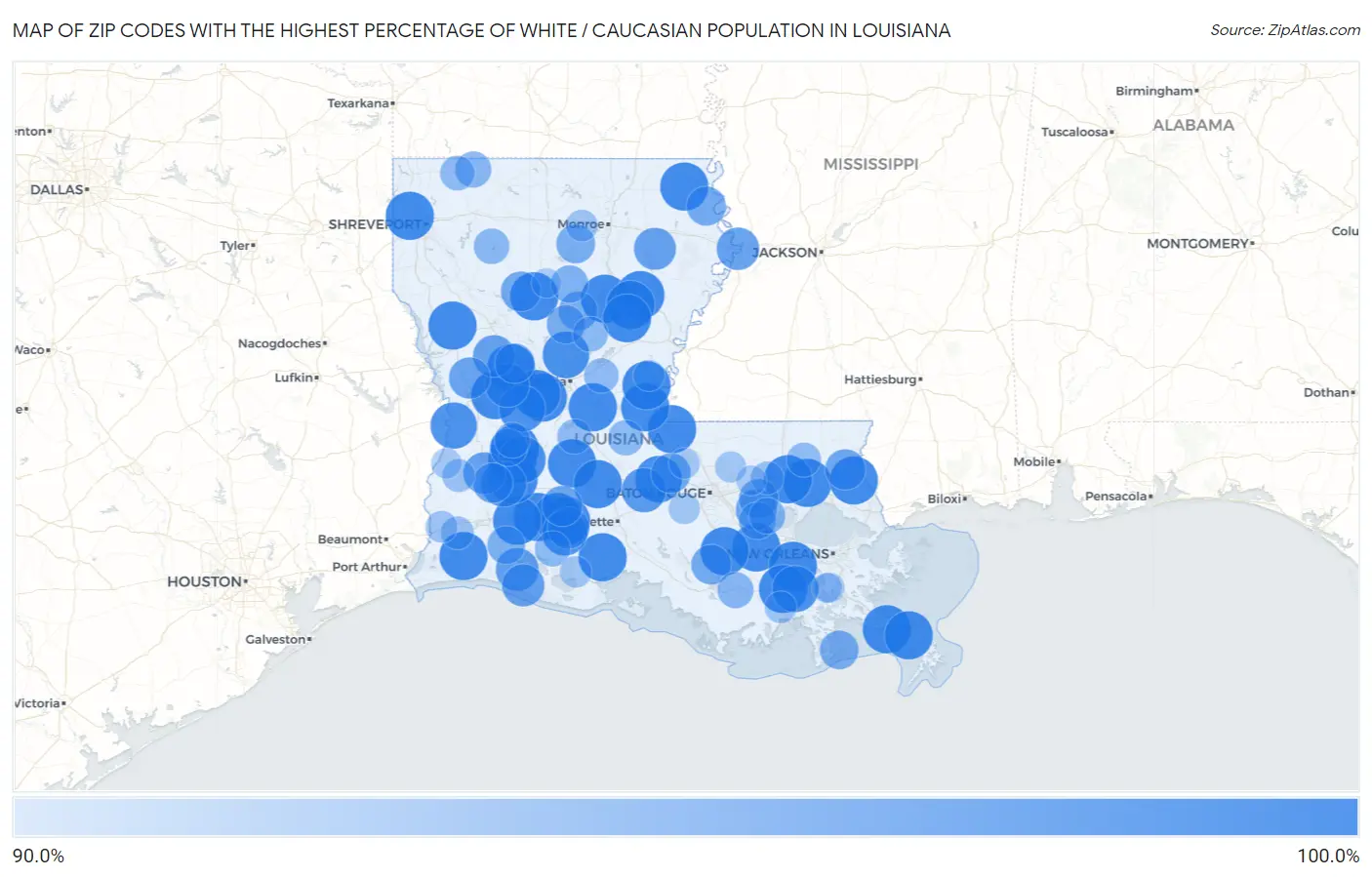 Zip Codes with the Highest Percentage of White / Caucasian Population in Louisiana Map