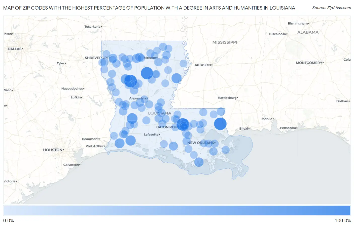 Zip Codes with the Highest Percentage of Population with a Degree in Arts and Humanities in Louisiana Map