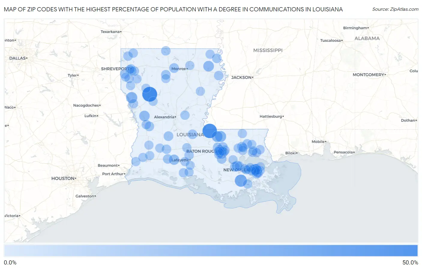 Zip Codes with the Highest Percentage of Population with a Degree in Communications in Louisiana Map