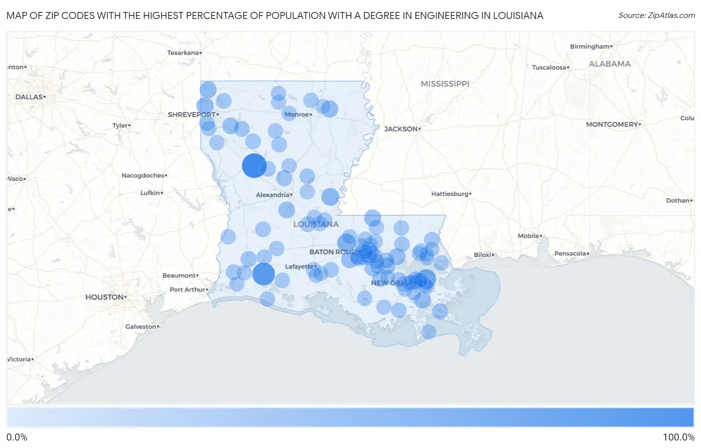 Zip Codes with the Highest Percentage of Population with a Degree in Engineering in Louisiana Map