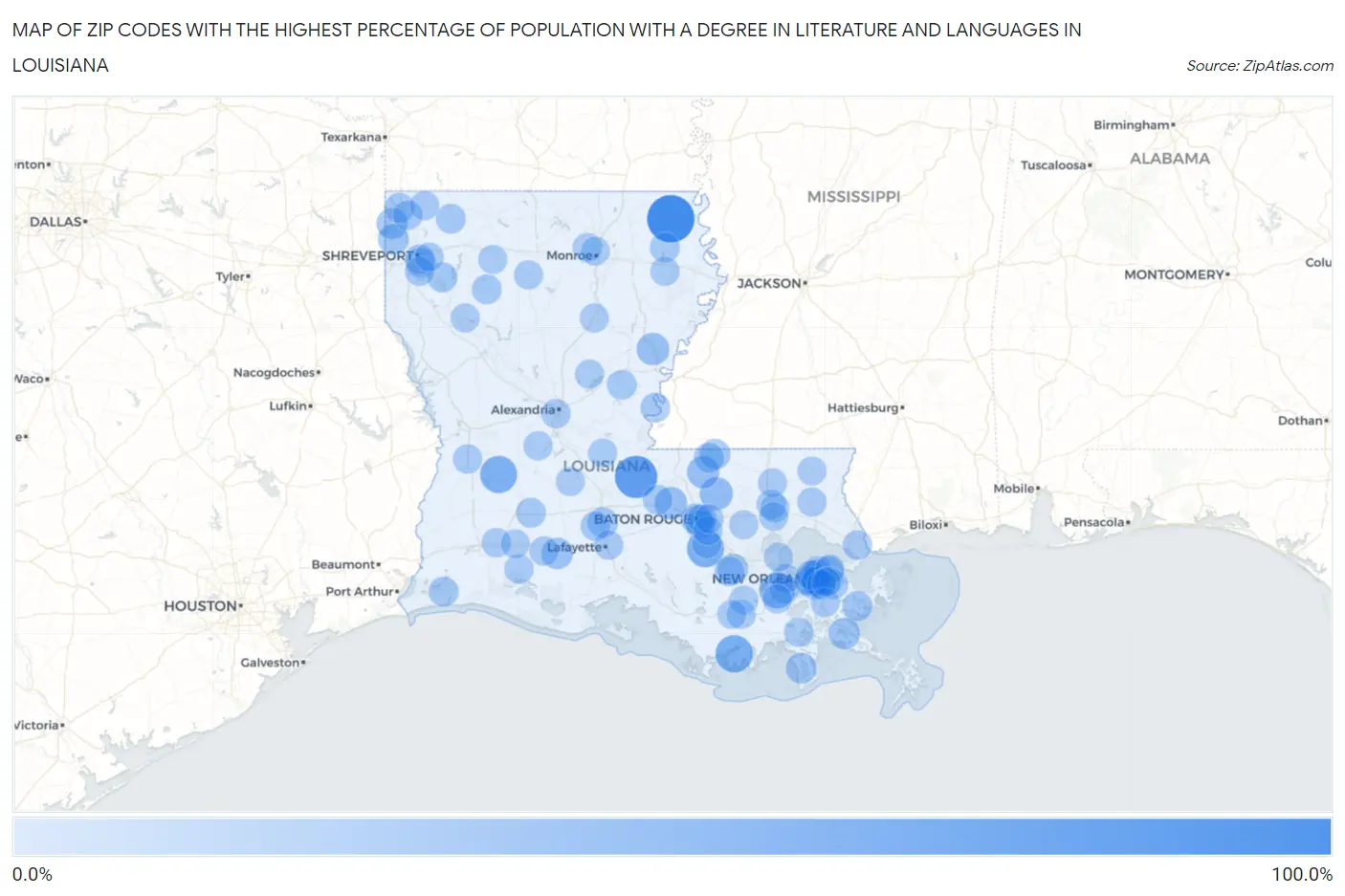 Zip Codes with the Highest Percentage of Population with a Degree in Literature and Languages in Louisiana Map