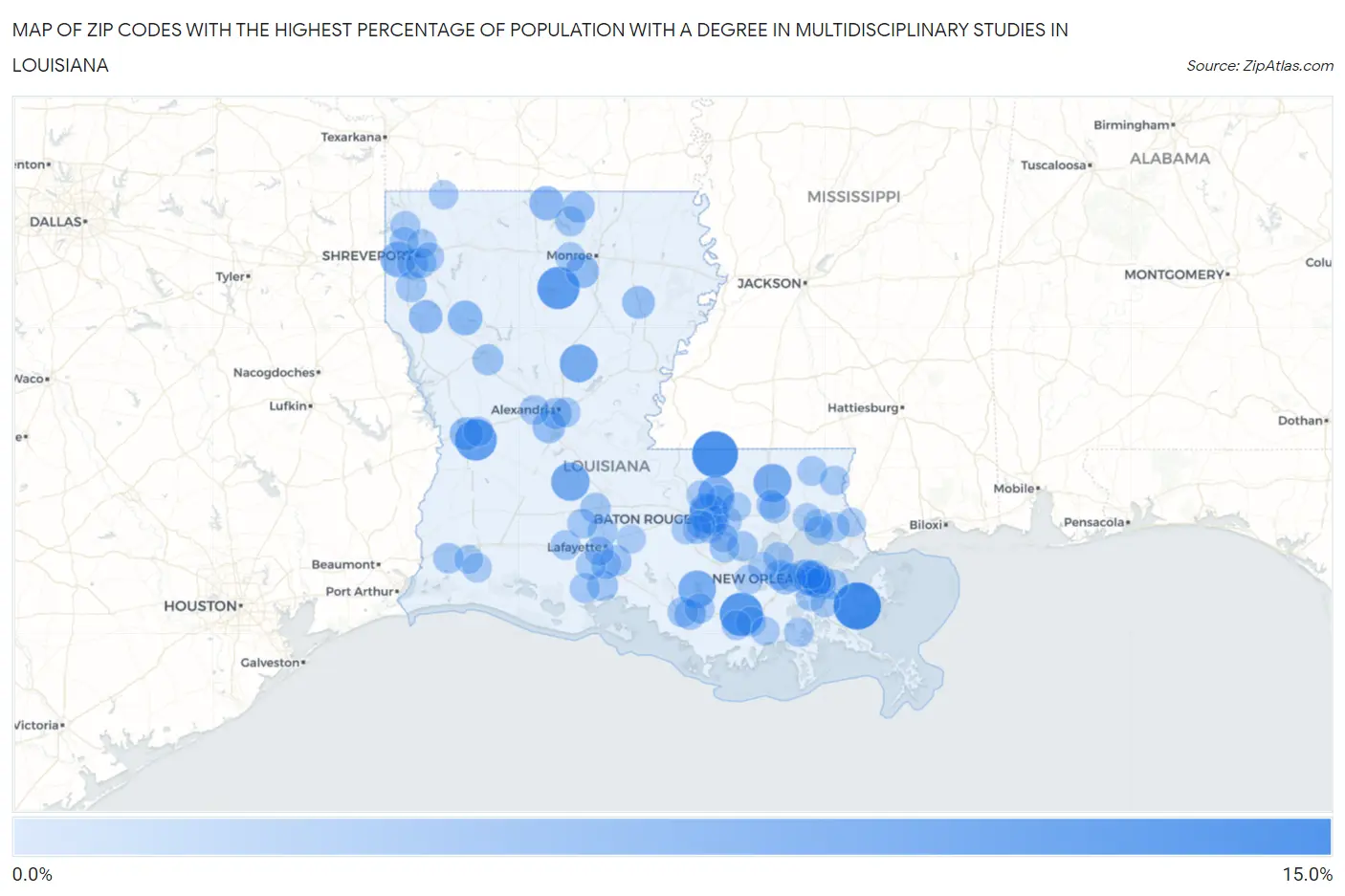 Zip Codes with the Highest Percentage of Population with a Degree in Multidisciplinary Studies in Louisiana Map