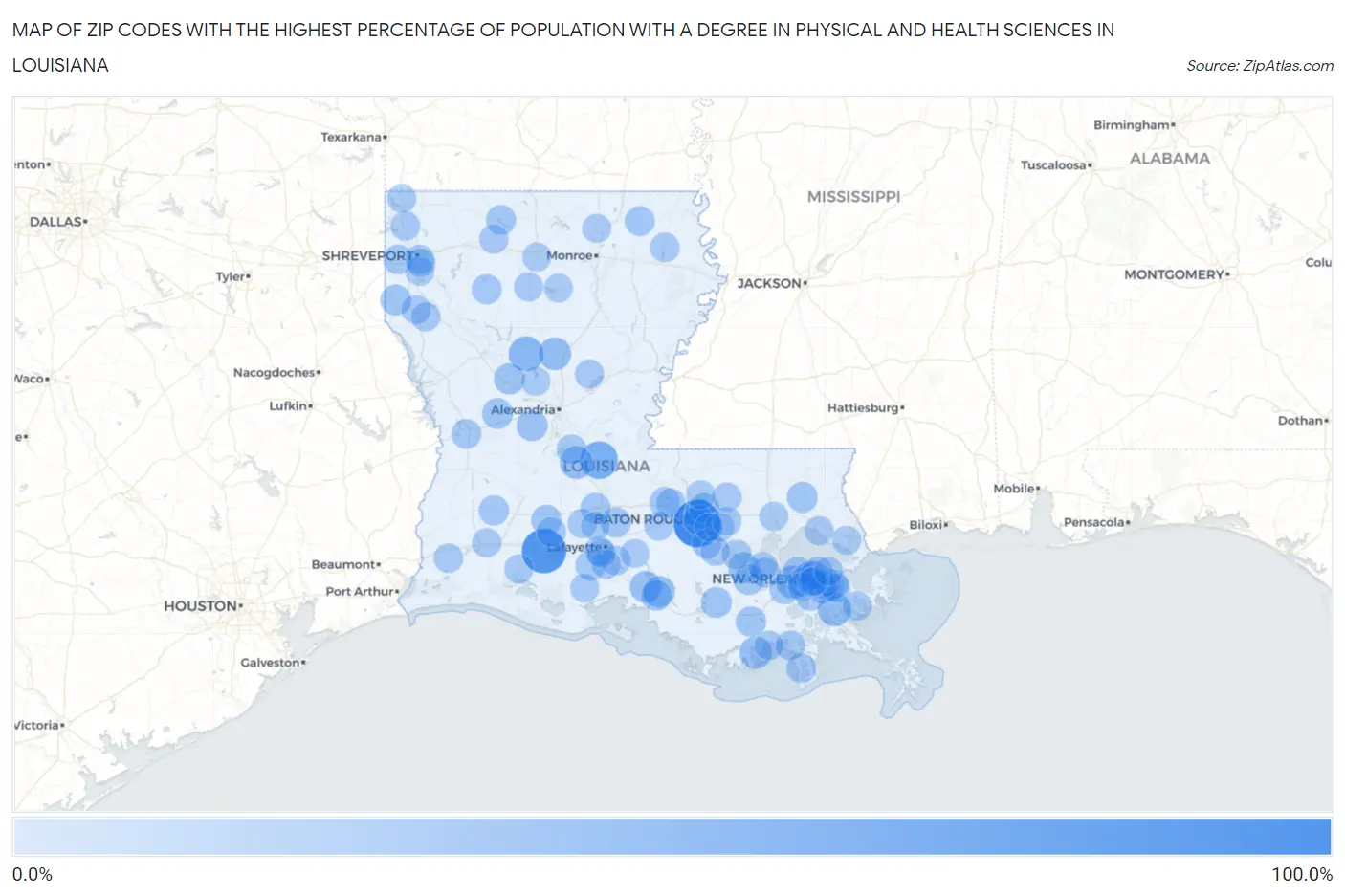 Zip Codes with the Highest Percentage of Population with a Degree in Physical and Health Sciences in Louisiana Map