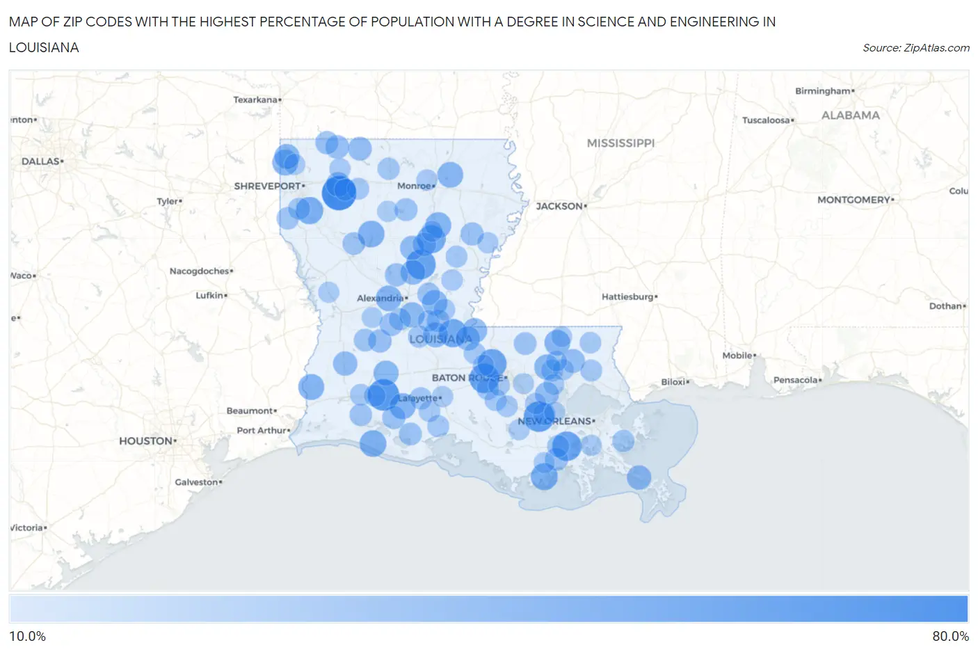 Zip Codes with the Highest Percentage of Population with a Degree in Science and Engineering in Louisiana Map