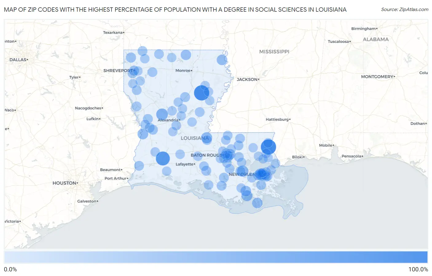 Zip Codes with the Highest Percentage of Population with a Degree in Social Sciences in Louisiana Map