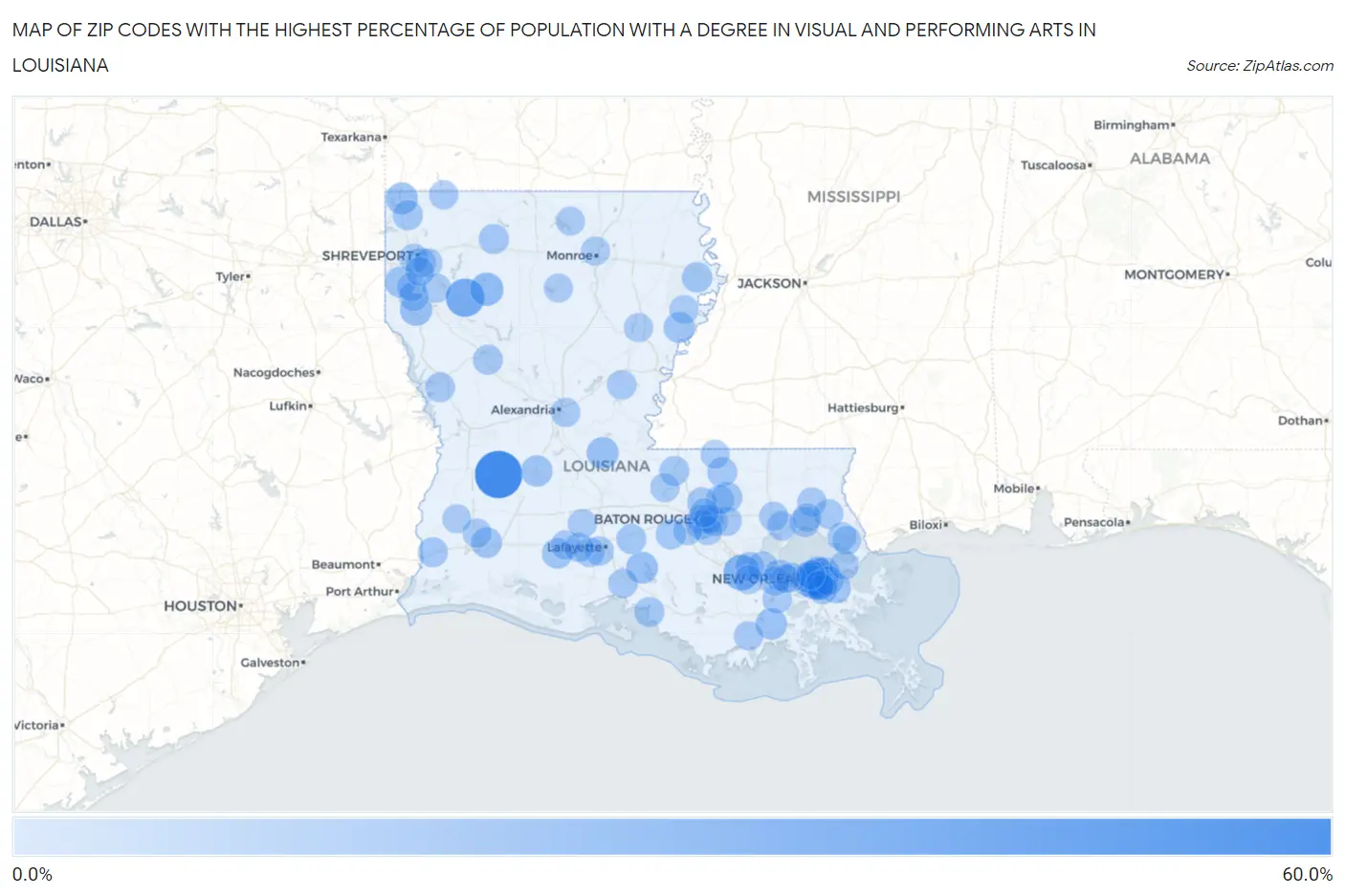 Zip Codes with the Highest Percentage of Population with a Degree in Visual and Performing Arts in Louisiana Map