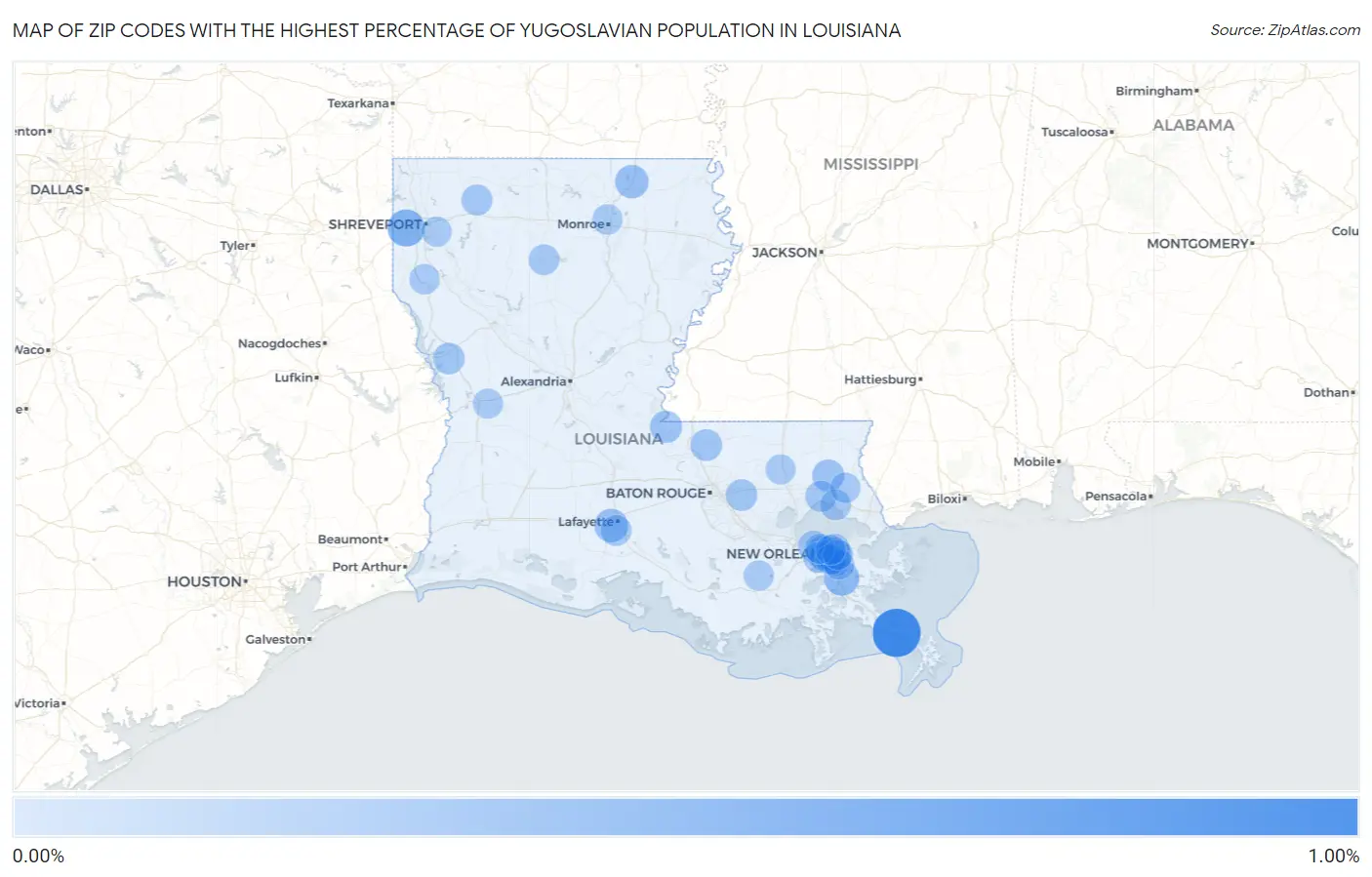 Zip Codes with the Highest Percentage of Yugoslavian Population in Louisiana Map