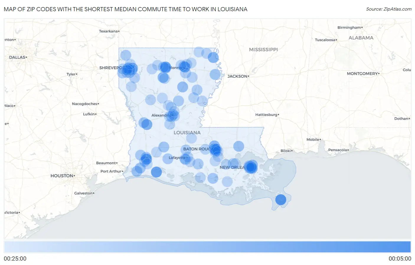 Zip Codes with the Shortest Median Commute Time to Work in Louisiana Map