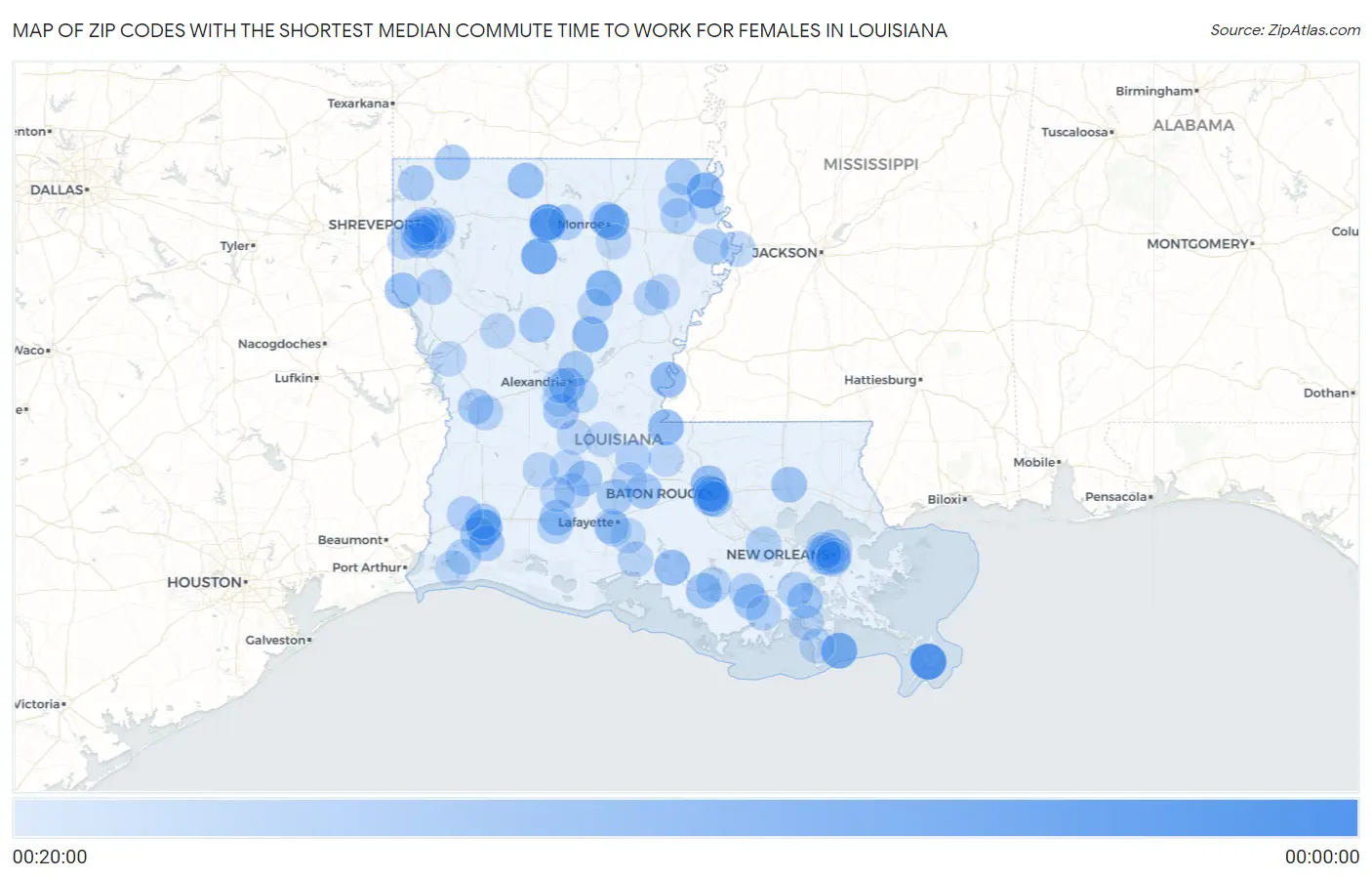 Zip Codes with the Shortest Median Commute Time to Work for Females in Louisiana Map