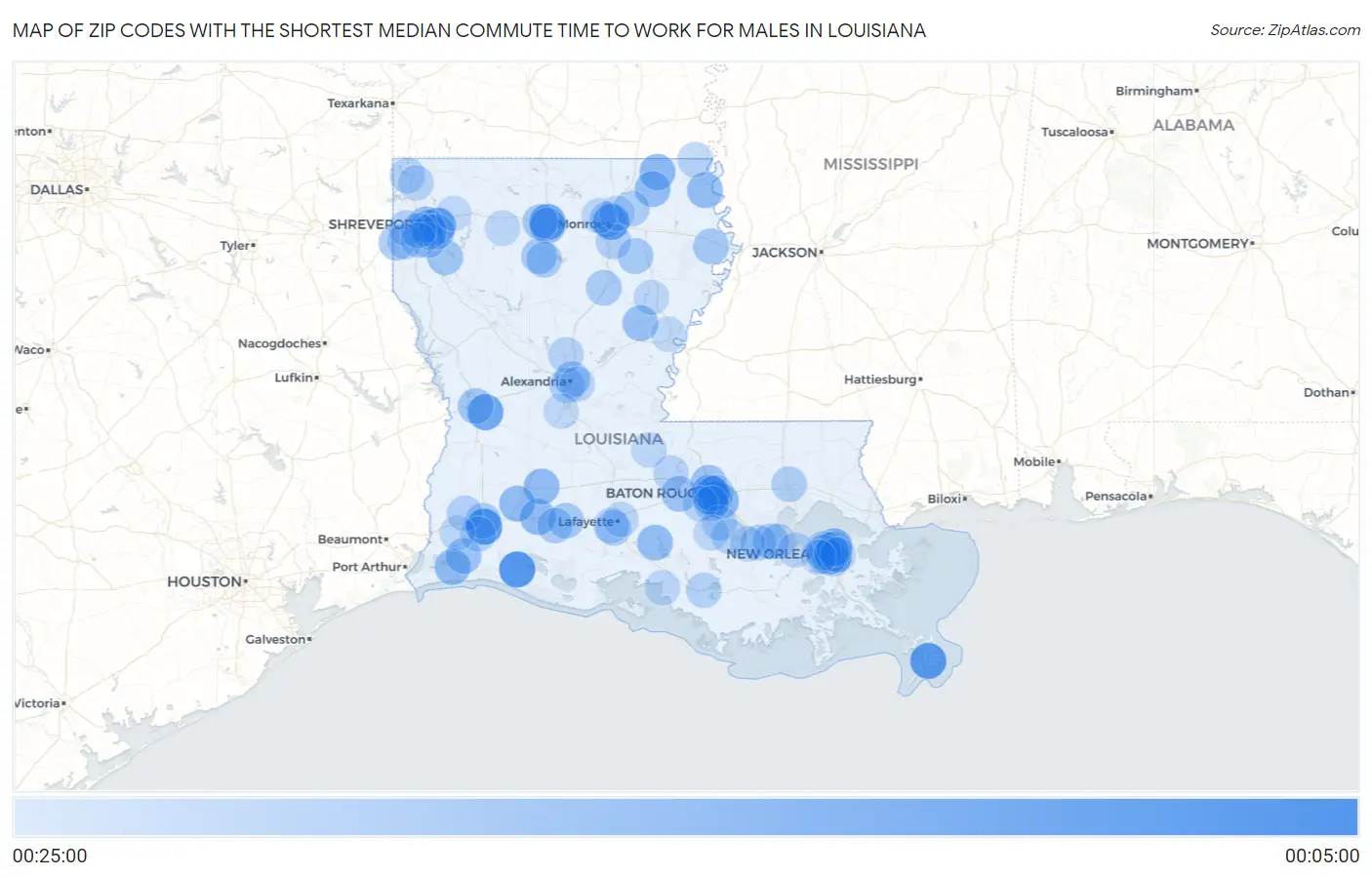 Zip Codes with the Shortest Median Commute Time to Work for Males in Louisiana Map