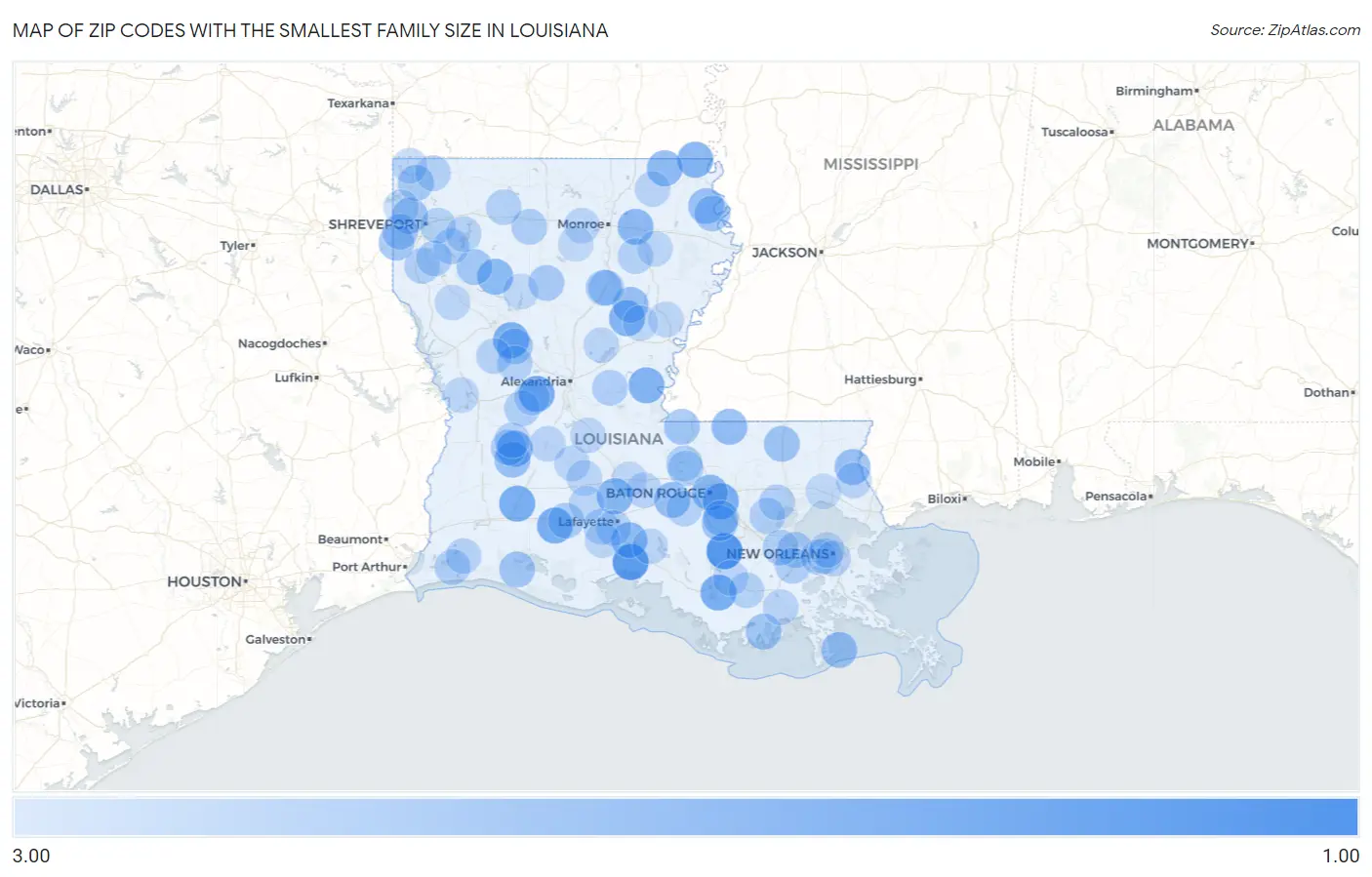 Zip Codes with the Smallest Family Size in Louisiana Map