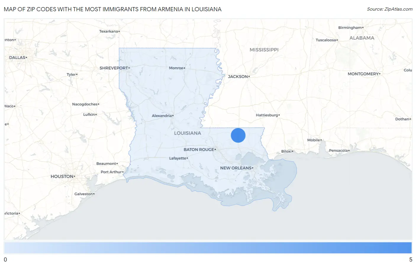 Zip Codes with the Most Immigrants from Armenia in Louisiana Map