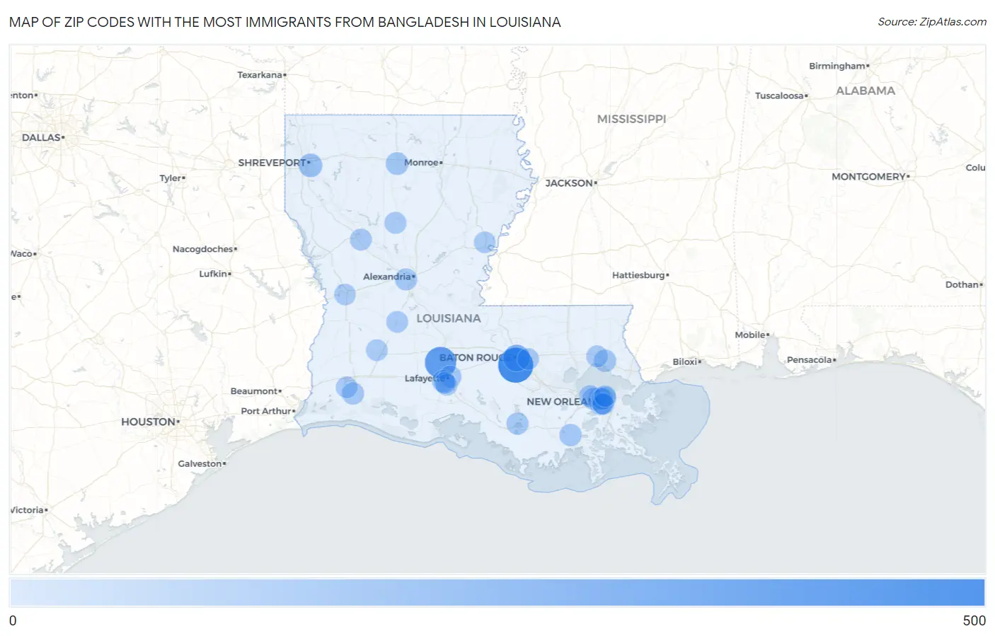 Zip Codes with the Most Immigrants from Bangladesh in Louisiana Map