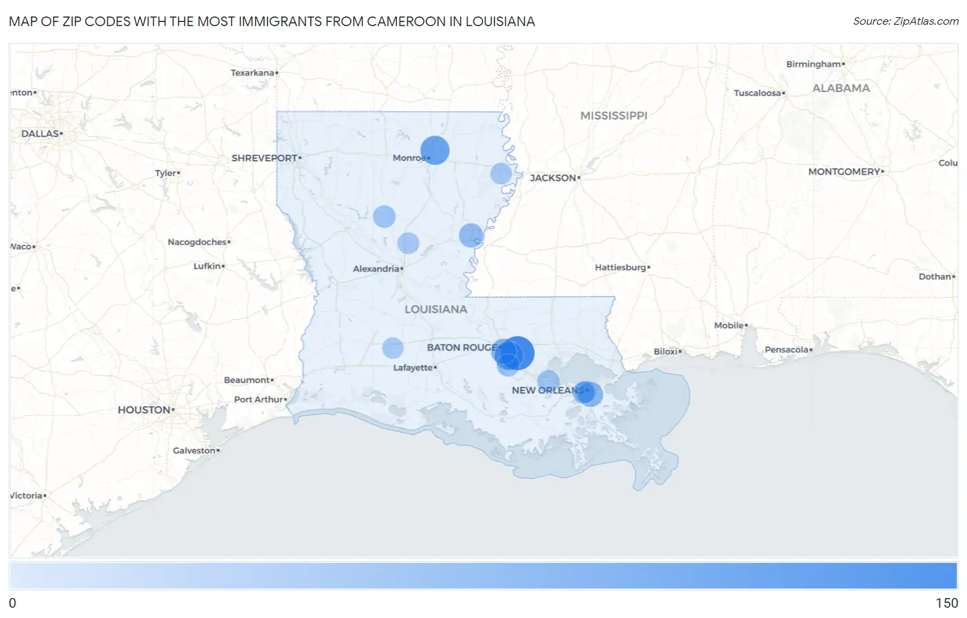 Zip Codes with the Most Immigrants from Cameroon in Louisiana Map