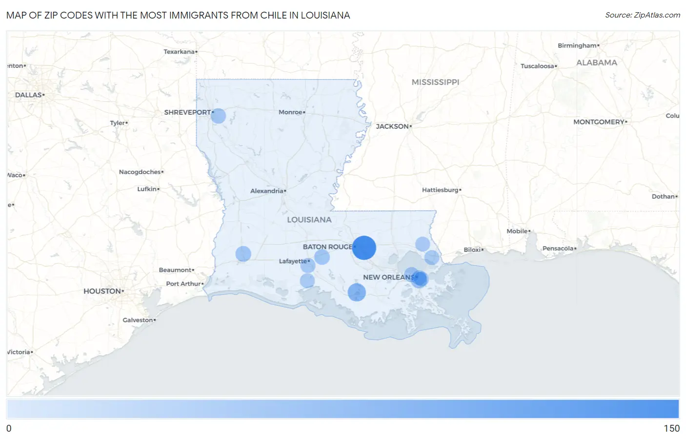 Zip Codes with the Most Immigrants from Chile in Louisiana Map