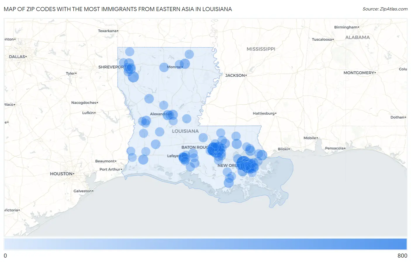 Zip Codes with the Most Immigrants from Eastern Asia in Louisiana Map