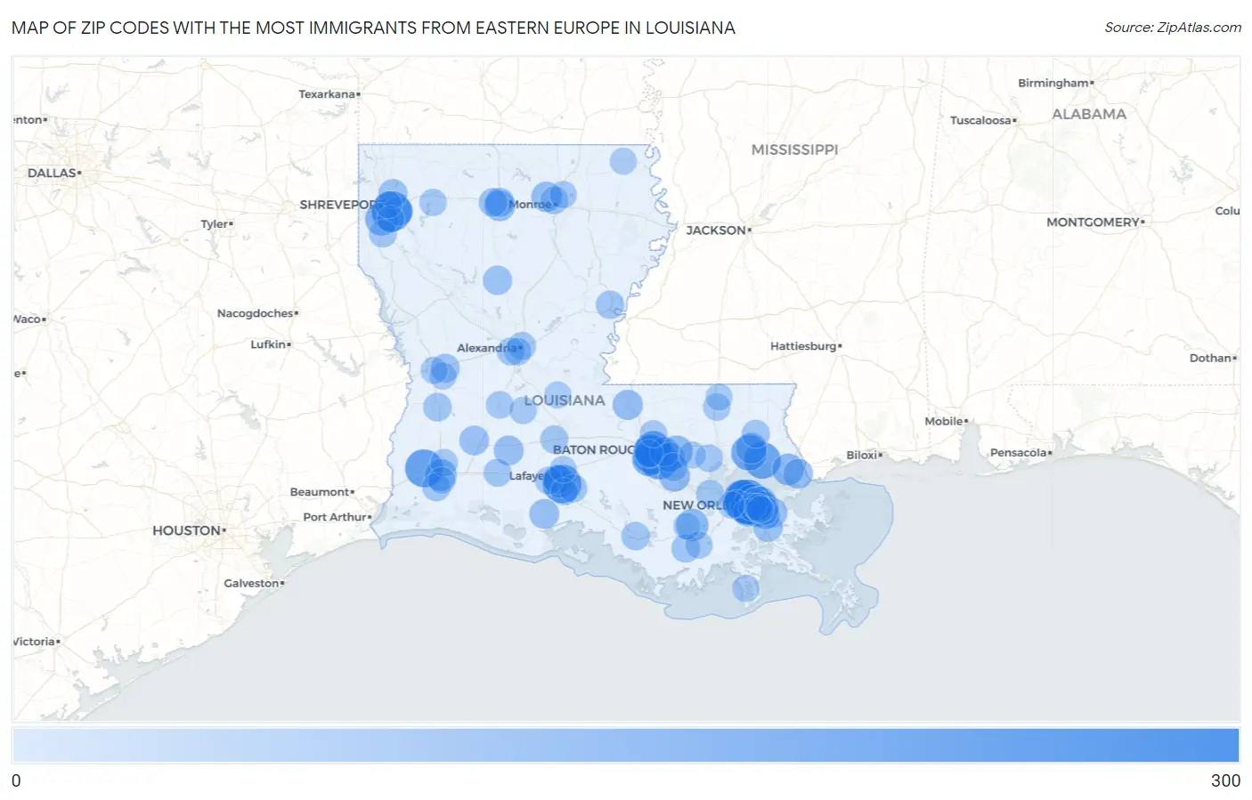 Zip Codes with the Most Immigrants from Eastern Europe in Louisiana Map