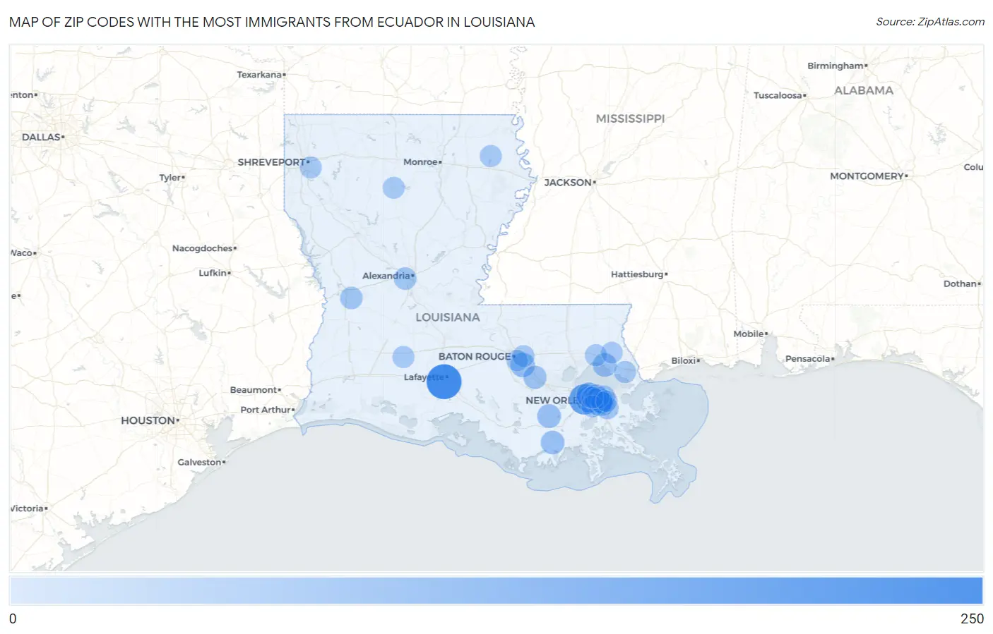 Zip Codes with the Most Immigrants from Ecuador in Louisiana Map
