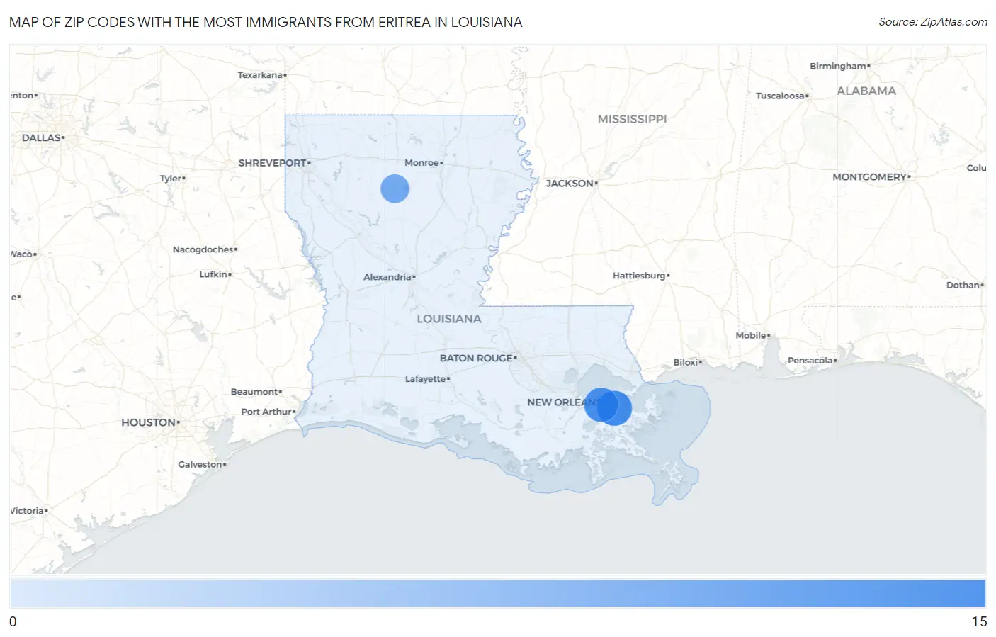 Zip Codes with the Most Immigrants from Eritrea in Louisiana Map