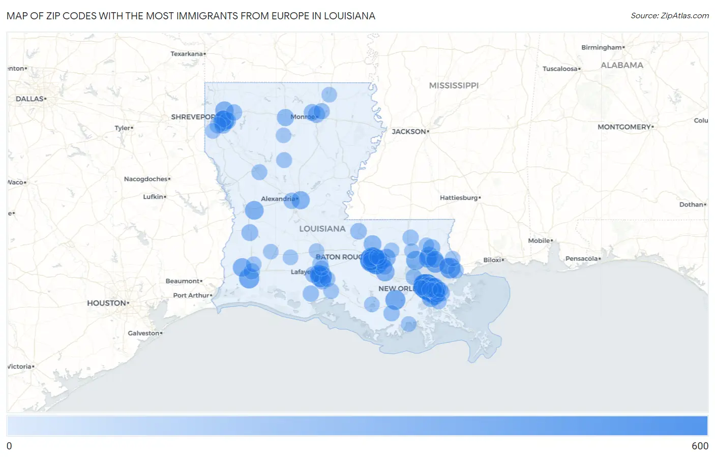Zip Codes with the Most Immigrants from Europe in Louisiana Map