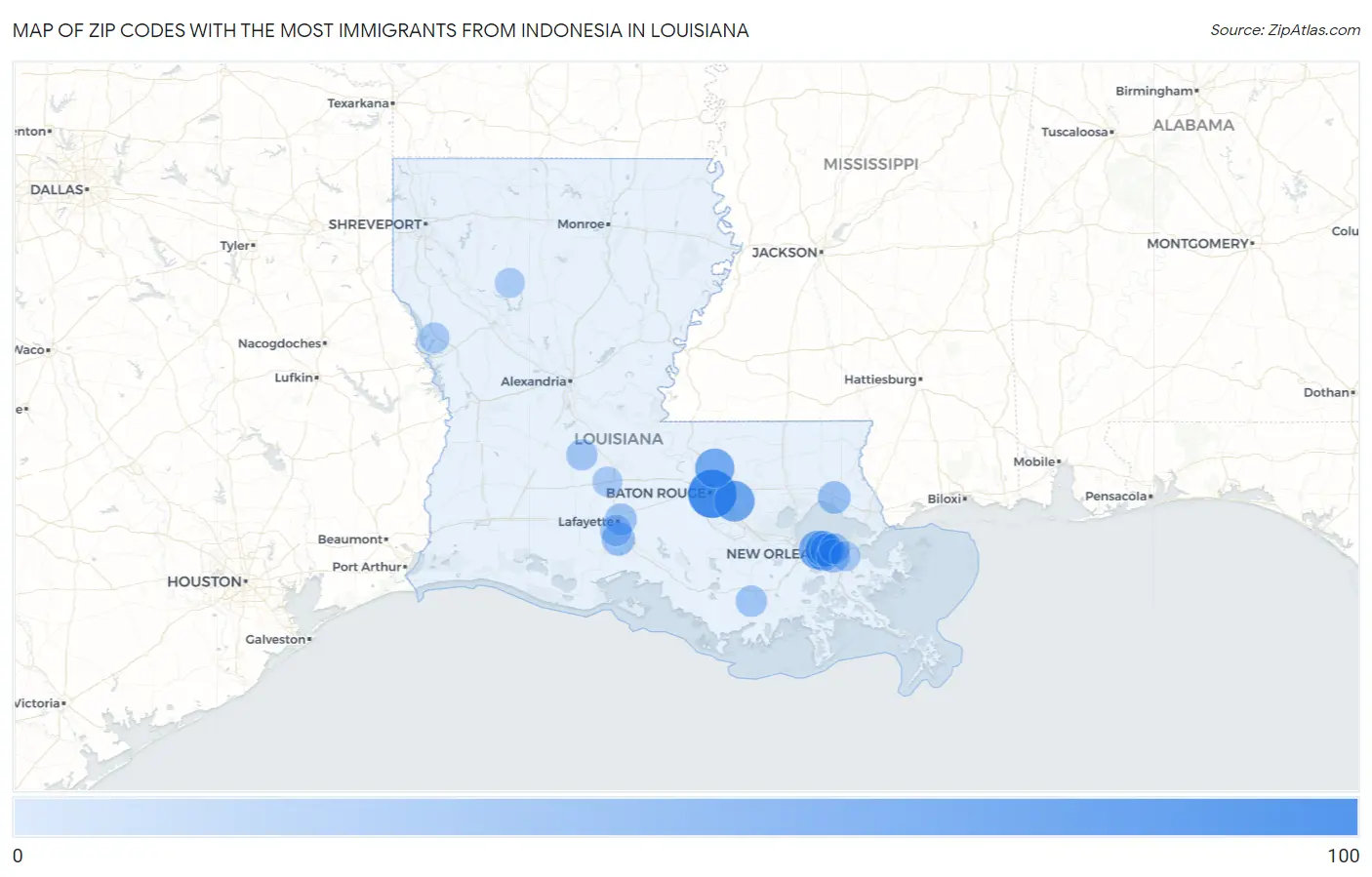 Zip Codes with the Most Immigrants from Indonesia in Louisiana Map