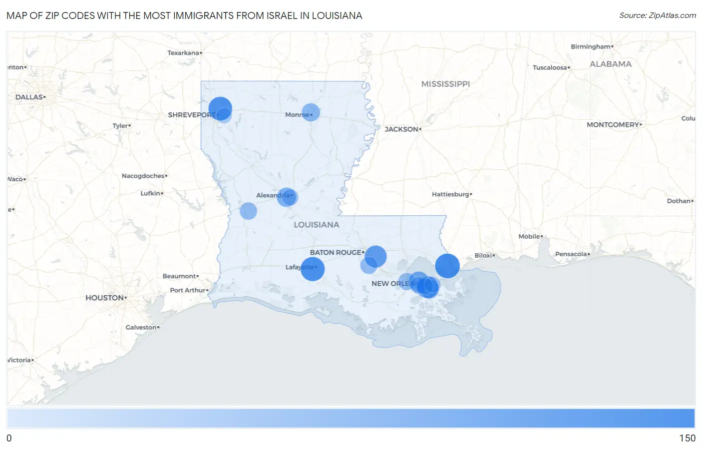 Zip Codes with the Most Immigrants from Israel in Louisiana Map