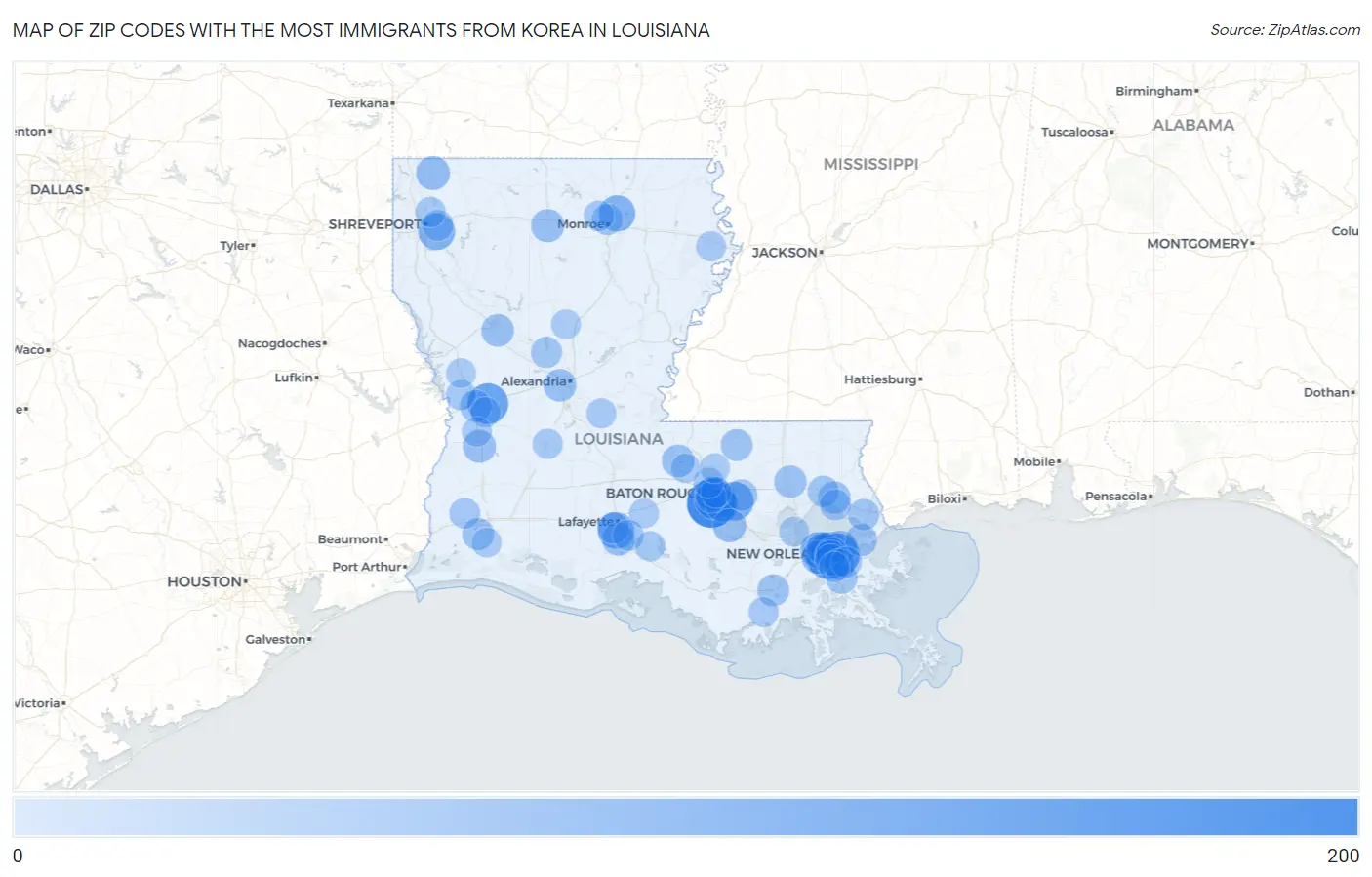 Zip Codes with the Most Immigrants from Korea in Louisiana Map