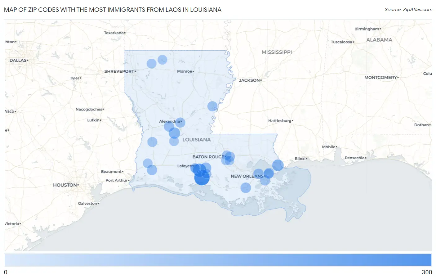Zip Codes with the Most Immigrants from Laos in Louisiana Map