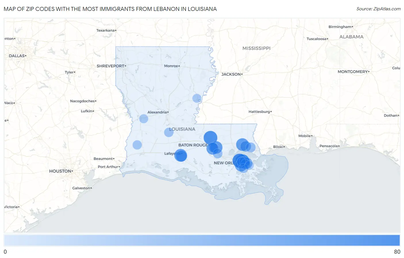 Zip Codes with the Most Immigrants from Lebanon in Louisiana Map