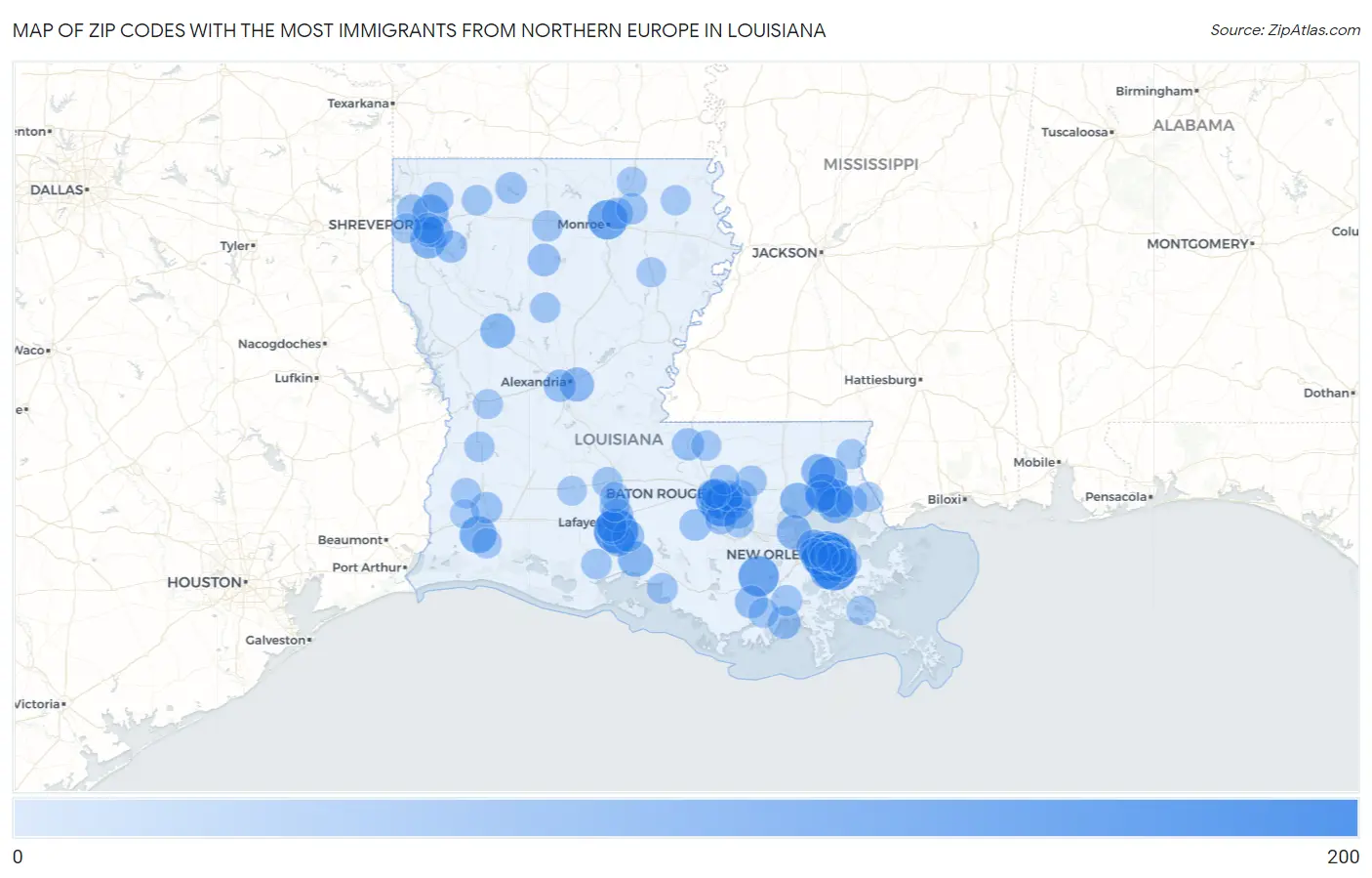 Zip Codes with the Most Immigrants from Northern Europe in Louisiana Map