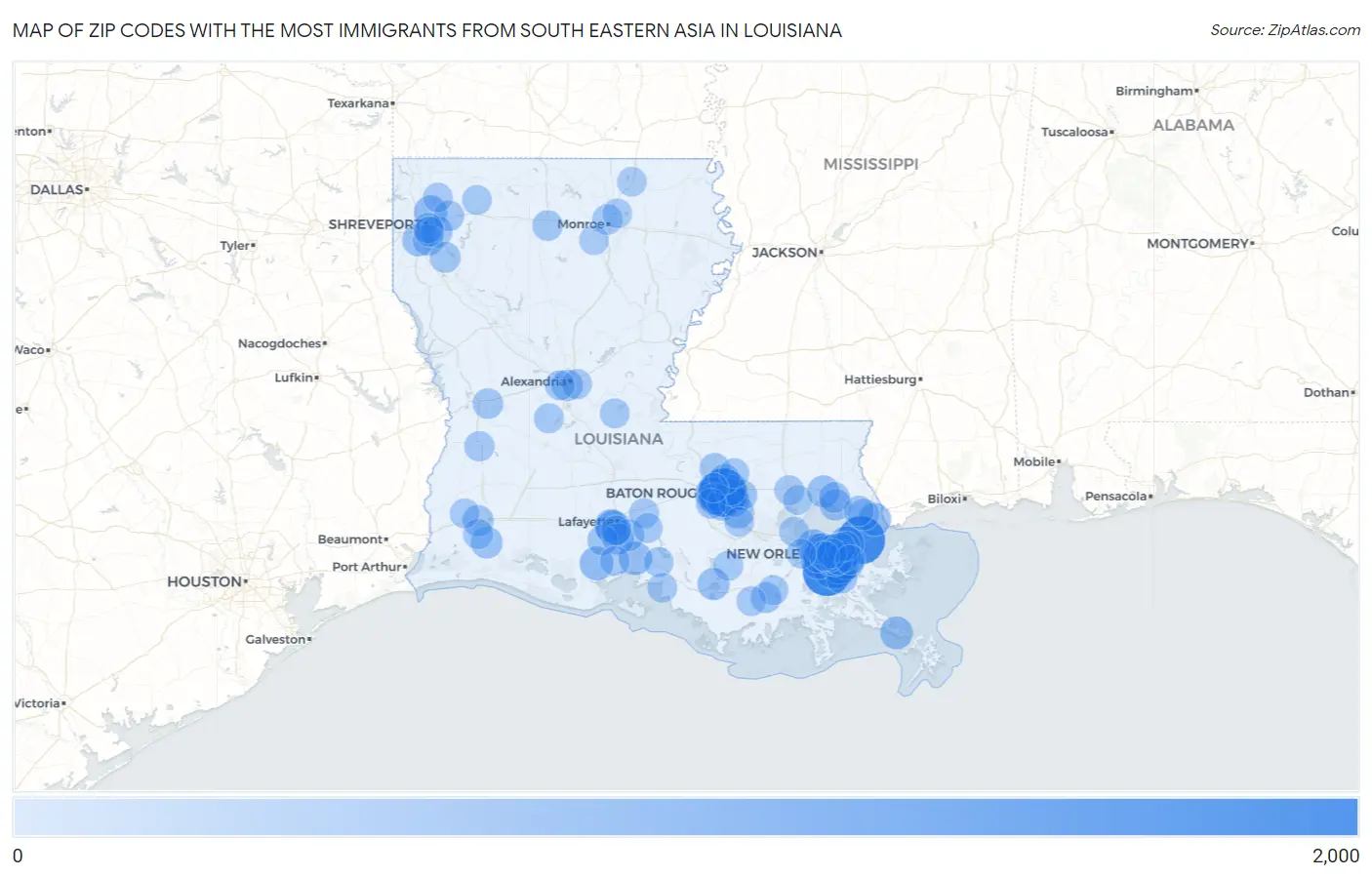 Zip Codes with the Most Immigrants from South Eastern Asia in Louisiana Map