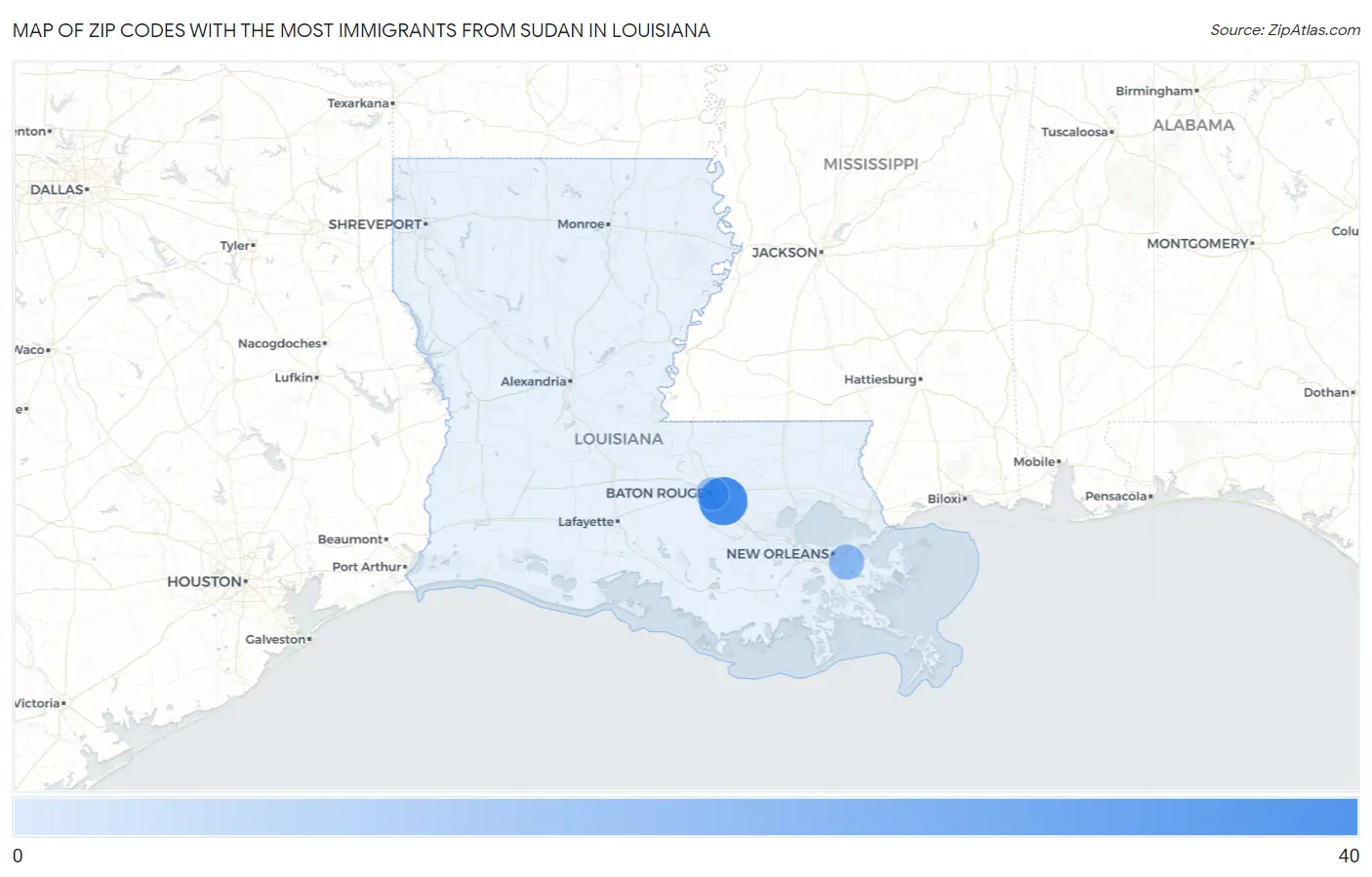Zip Codes with the Most Immigrants from Sudan in Louisiana Map