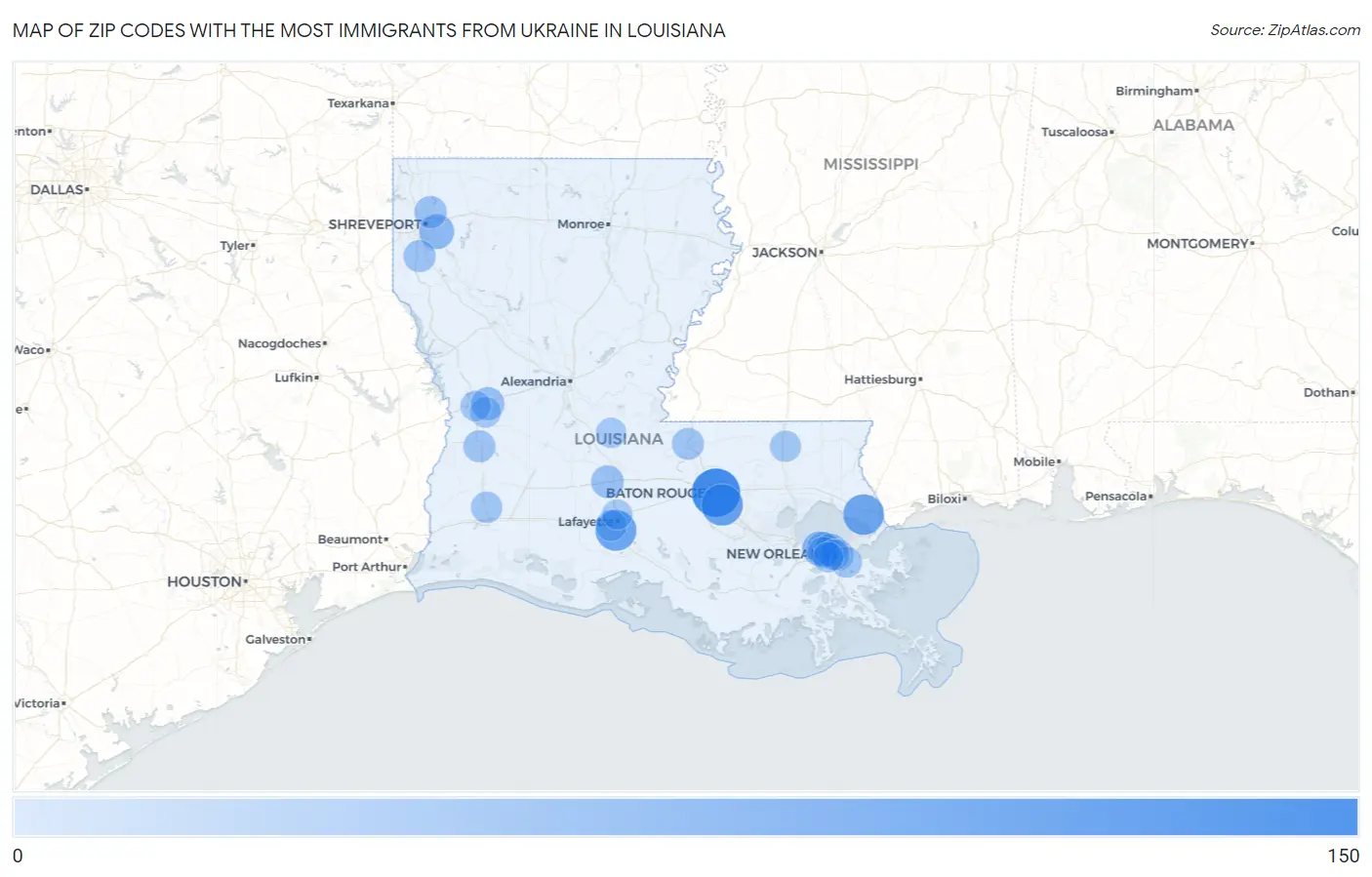 Zip Codes with the Most Immigrants from Ukraine in Louisiana Map