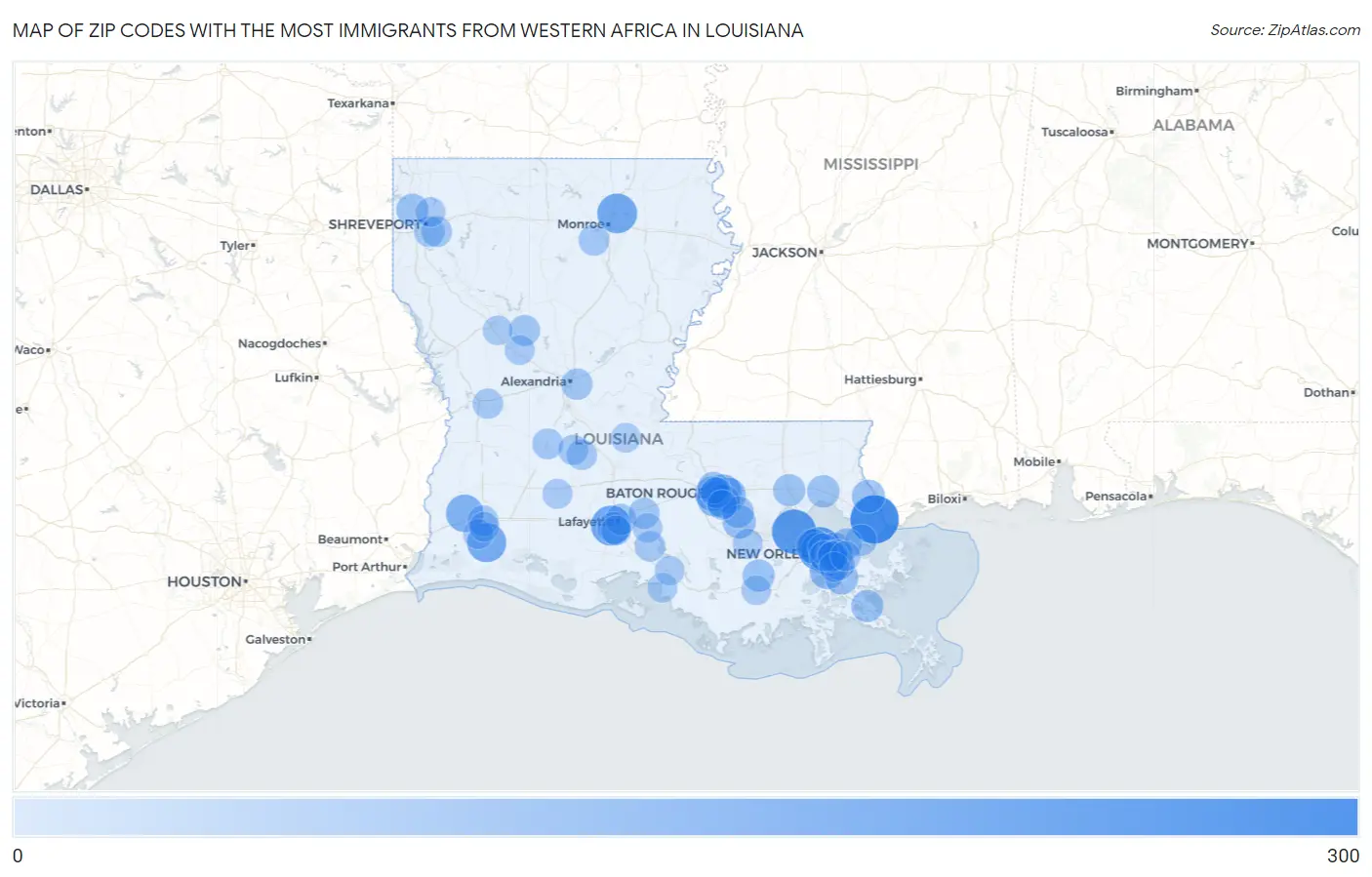 Zip Codes with the Most Immigrants from Western Africa in Louisiana Map