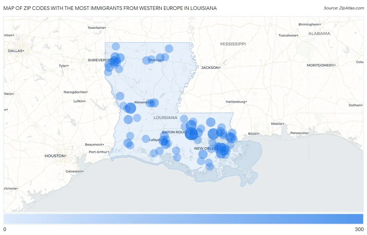 Zip Codes with the Most Immigrants from Western Europe in Louisiana Map