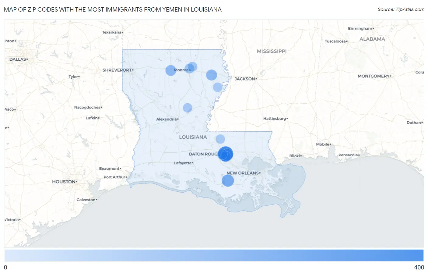 Zip Codes with the Most Immigrants from Yemen in Louisiana Map