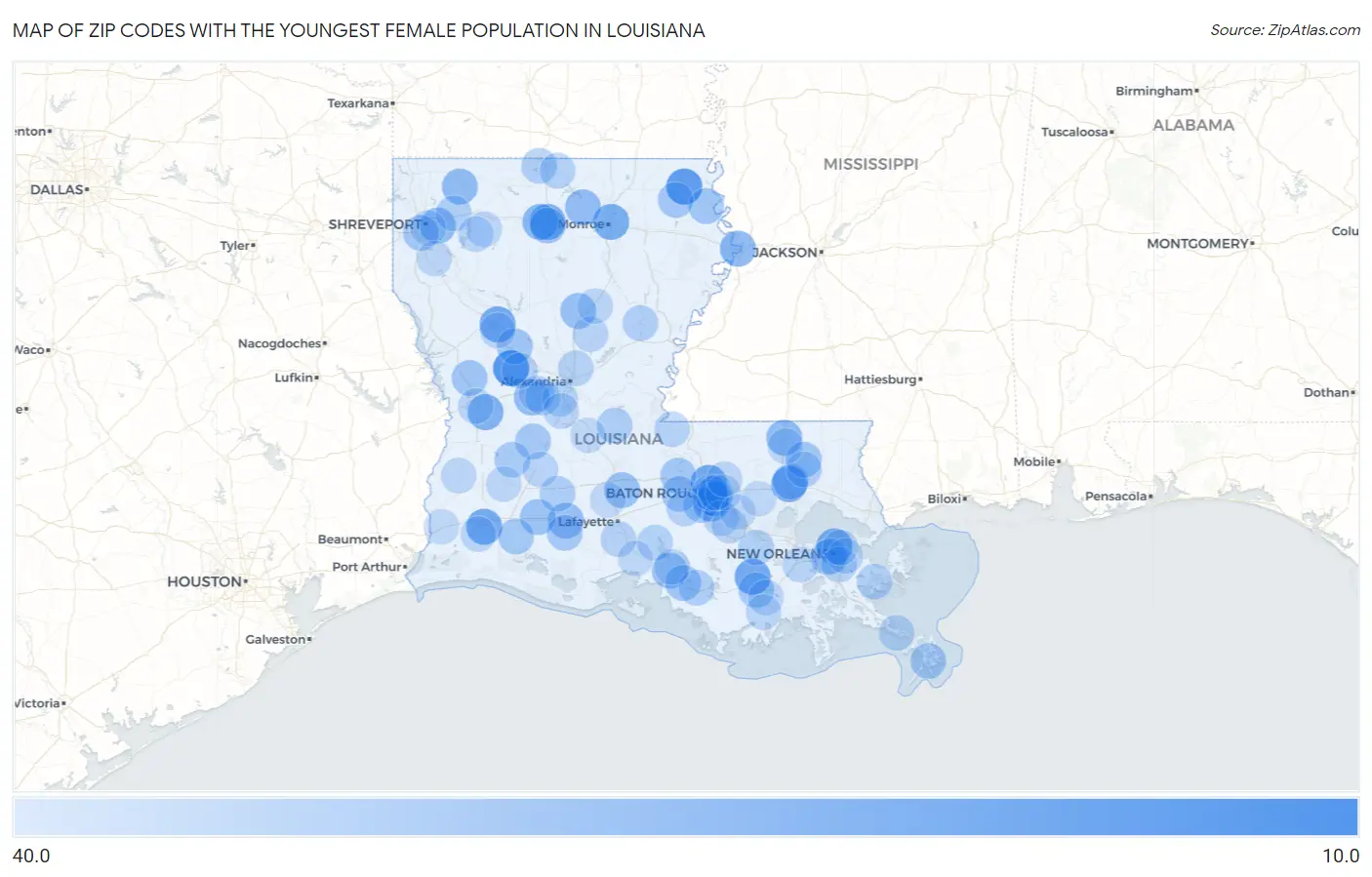 Zip Codes with the Youngest Female Population in Louisiana Map