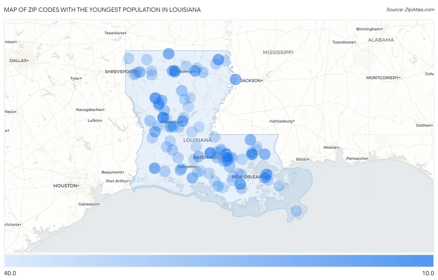 Zip Codes with the Youngest Population in Louisiana Map