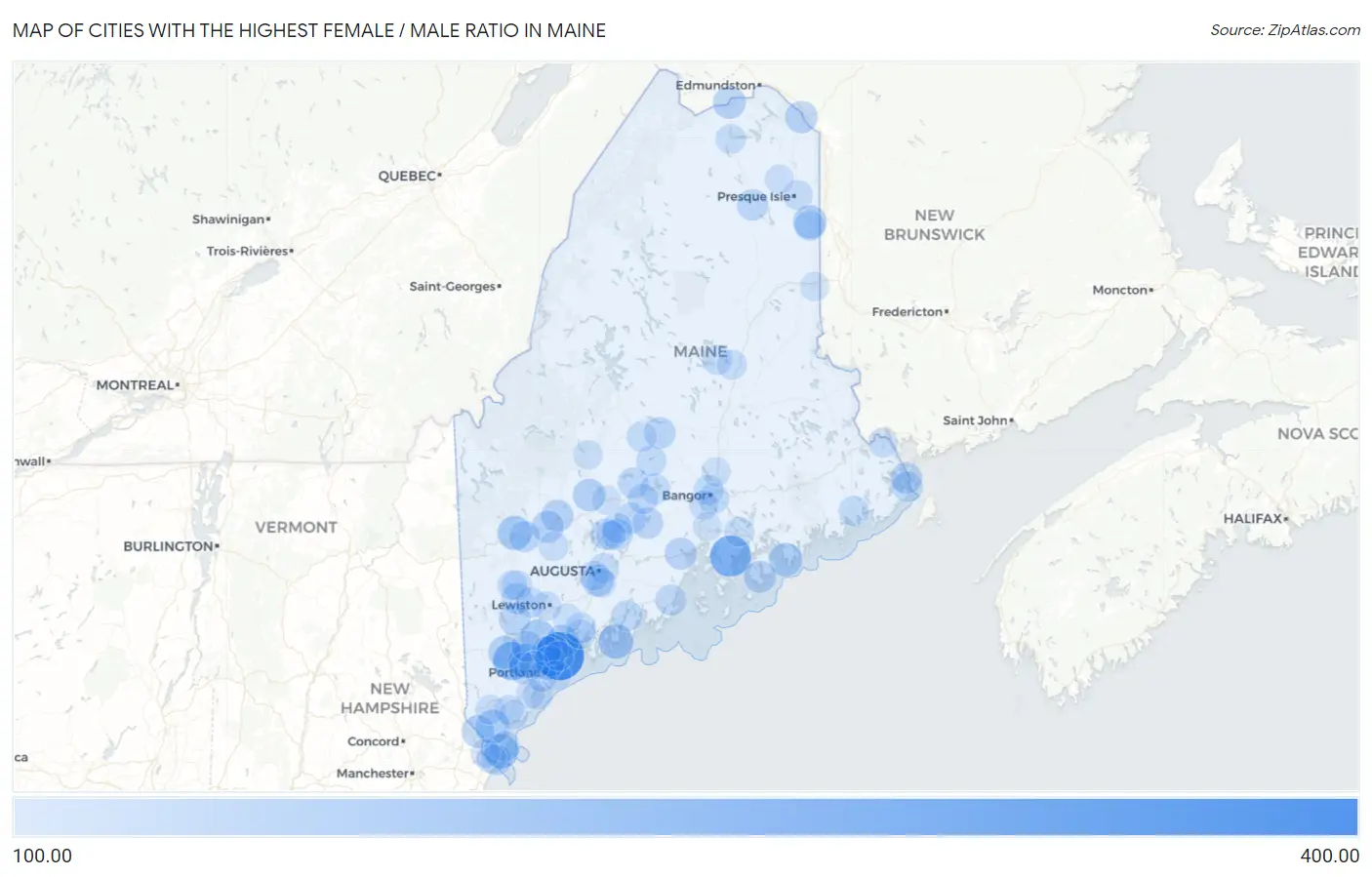 Cities with the Highest Female / Male Ratio in Maine Map
