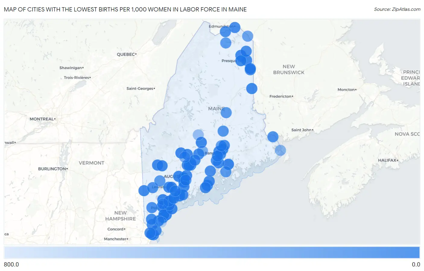 Cities with the Lowest Births per 1,000 Women in Labor Force in Maine Map